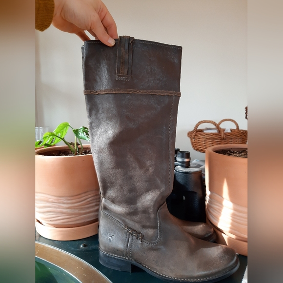 Frye Shirley Leather Cross Stitch Detail Tall Riding Pull Tab Boots👢 Size 7 1/2 - Picture 2 of 8